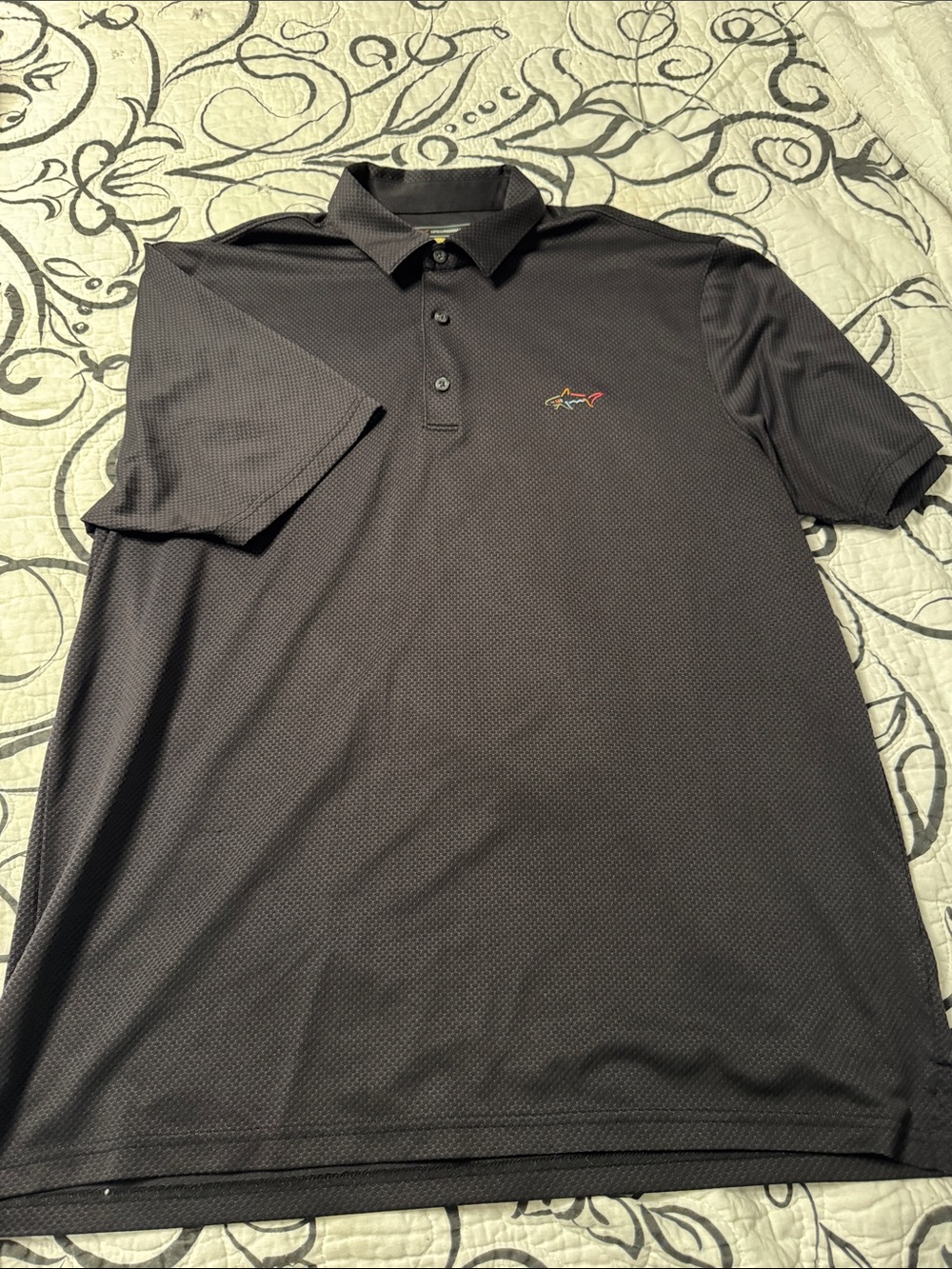 Greg Norman Collection Black Polo with Multicolor Shark Logo